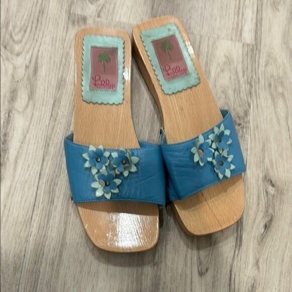 Lilly Pullitzer Vintage blue leather wooden sandal size 7 - Picture 1 of 7